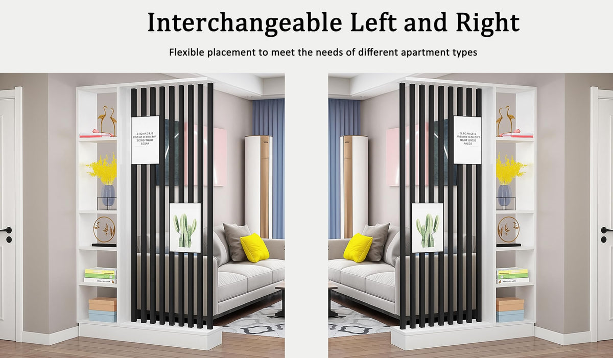 Wall Room Divider with Storage Shelves, Modern Freestanding Room Divider Screen, Open Room Wood Partition for Home & Office Decor (Grey + Black, 31.5" L x 9.5" W x 79.5" H)