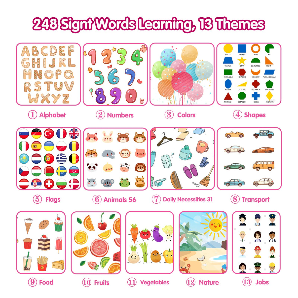 QuTZ ABC Learning Flash Cards for Toddlers 2-4, Autism Toys, Speech Therapy Educational Talking Sight Words Kindergarten Boys and Girls, 248 Pink