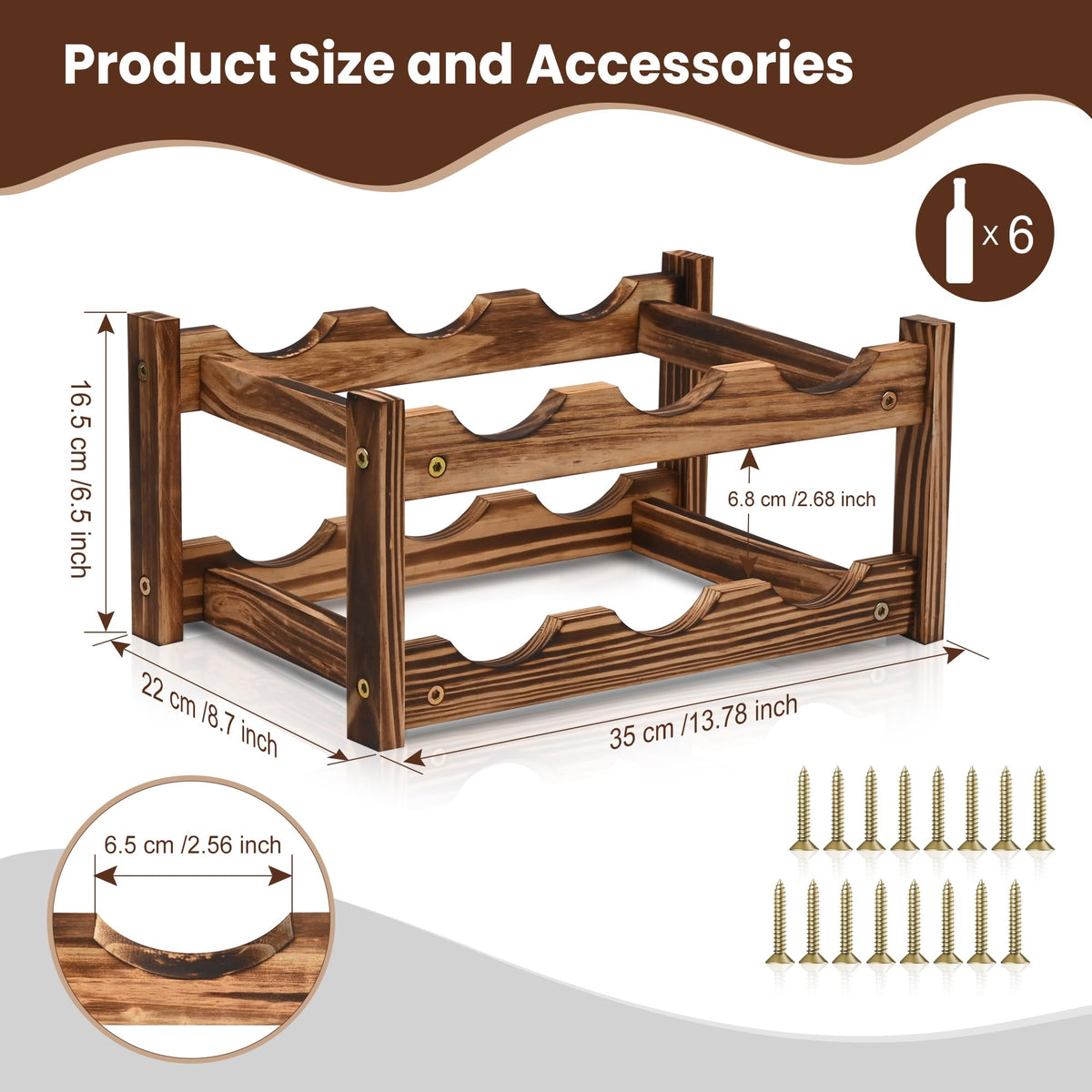 6-Bottle Wooden Wine Rack – 2-Tier Tabletop Countertop Space-Saving Wine Holder with Screwdriver Included, Easy Assembly Wine Storage Shelf for Kitchen, Bar, Pantry & Home Decor