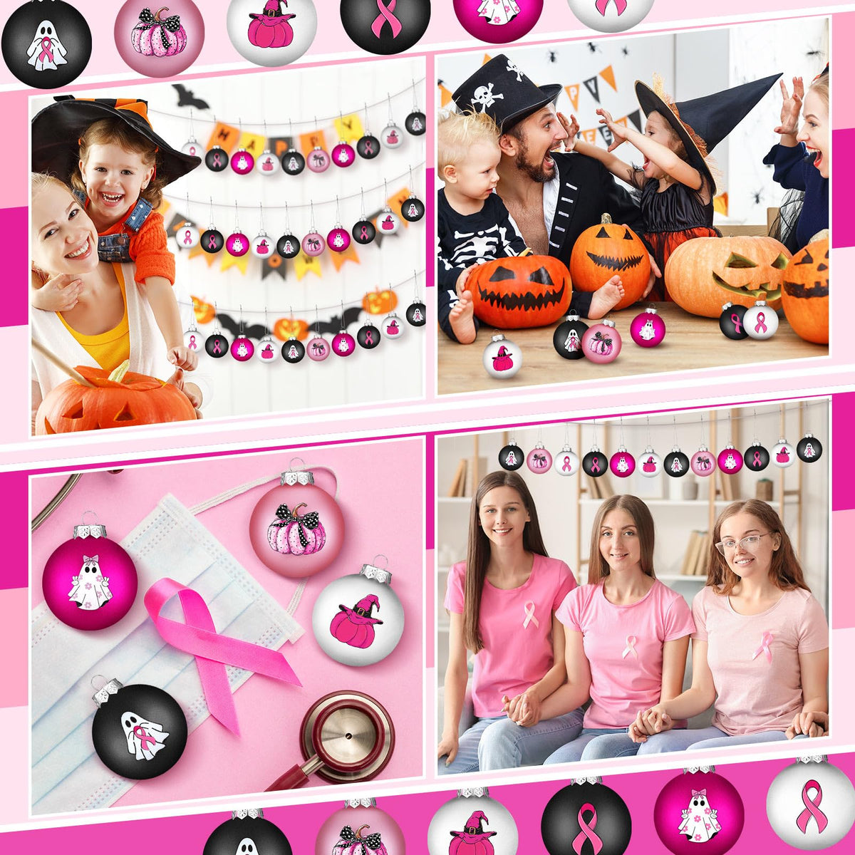 Arrowbash 12 Pcs Breast Cancer Halloween Ornaments 2.4 Inch Pink Ghost Ribbon Ball Decoration October Pink Pumpkin Bulb Ornaments Breast Cancer Awareness Halloween Decoration for Tree Home Party Decor