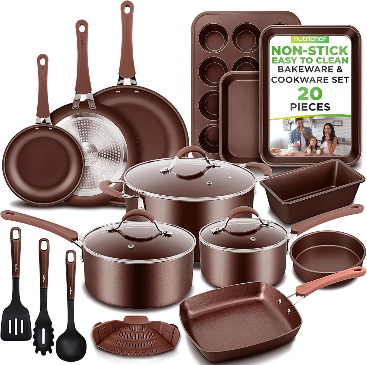 NutriChef 20-Piece Non-Stick Cookware & Bakeware Set - Cool-Touch Handles, Easy Clean, Brown