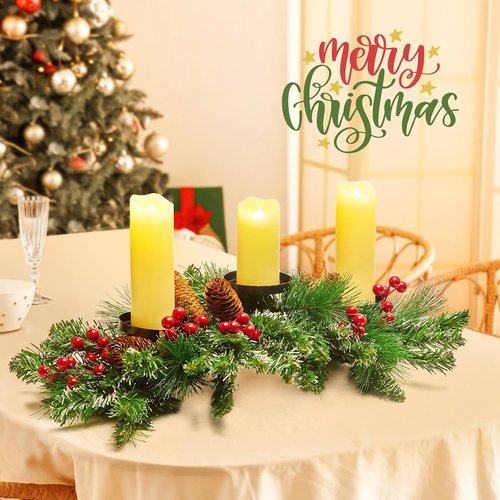 Brightown 20.5” Iron Christmas Candle Holder - Festive Pine Needles, Red Berries & Gold Accents