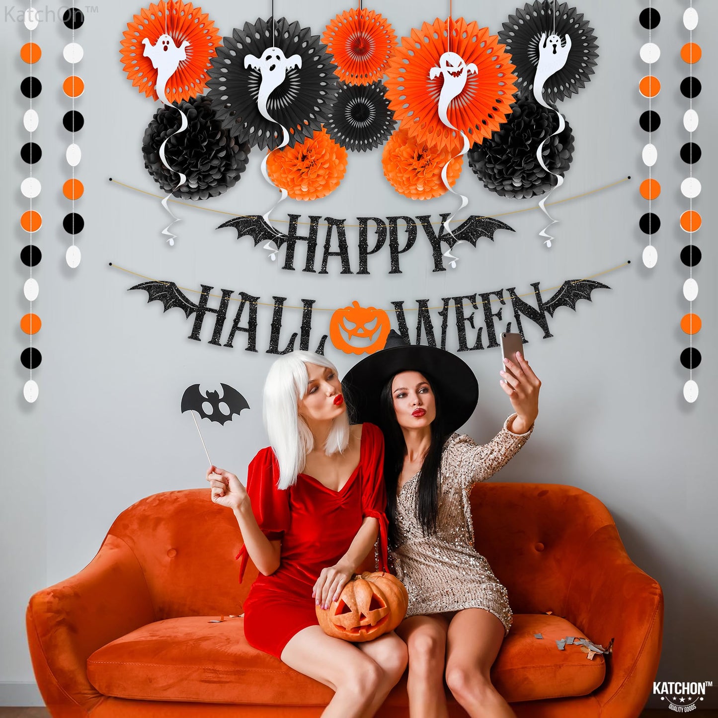KatchOn, Hanging Halloween Decorations Set - Pack of 17 | Glittery Happy Halloween Banner, Garlands, Ghost Hanging Swirls, Orange Pumpkin, Paper Fan, Spooky | Halloween Decor Hanging Swirls