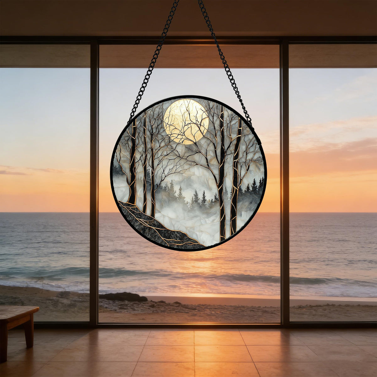 AMDERVEN Stained Glass Window Hanging - Grey Moon Forest Sun Catcher for Door Home Decor Suncatcher Christmas Mother's Day Birthday Gifts for Women Men Lovers Mom Nana 7.8 in
