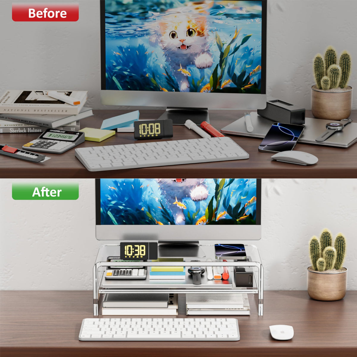 Egchi Clear Acrylic Monitor Stand Riser 2 Tier, 5.12 Inches High Clear Computer Desk Organizer Shelf for Multi Media PC Storage Laptop