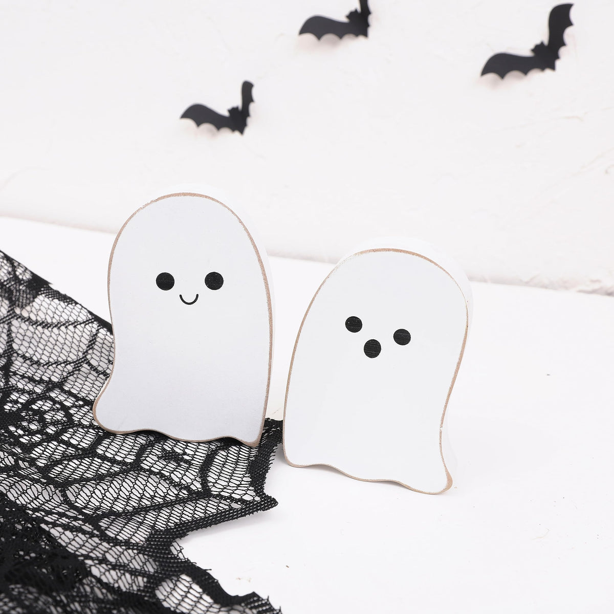 2 Pieces Halloween Decorations Wood Halloween Ghost Sign - Halloween Tiered Tray Decor, Distressed Wood Standing Ghost Sign for Halloween Party, Halloween Table Decor