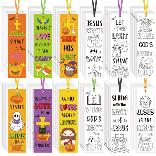 120Pcs Religious Halloween Pumpkin Bookmarks Craft Kit DIY Coloring Bookmarks Religious Crafts for Halloween Vacation Fall Celebrity Christian Sunday School Halloween Party Decoration Gift