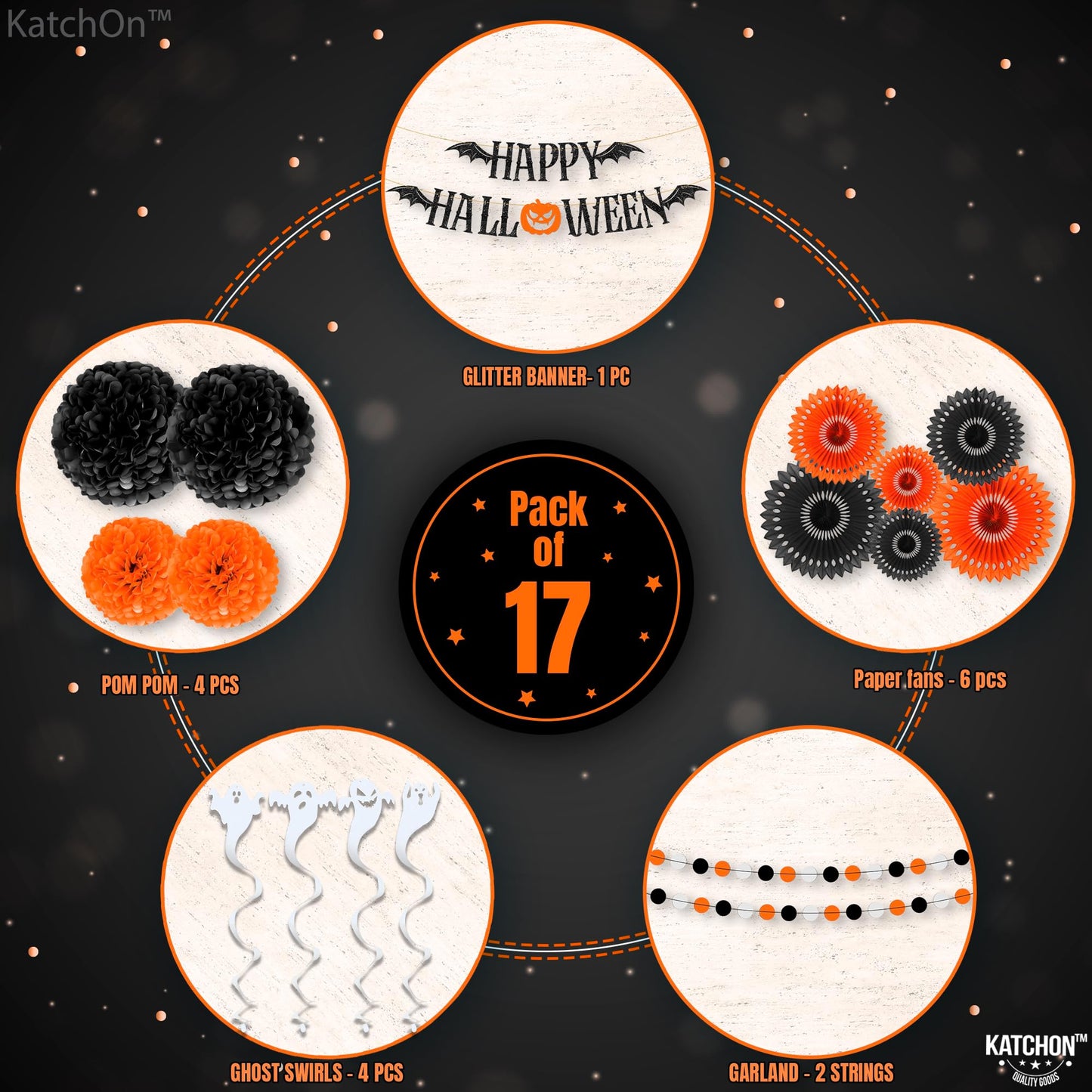 KatchOn, Hanging Halloween Decorations Set - Pack of 17 | Glittery Happy Halloween Banner, Garlands, Ghost Hanging Swirls, Orange Pumpkin, Paper Fan, Spooky | Halloween Decor Hanging Swirls