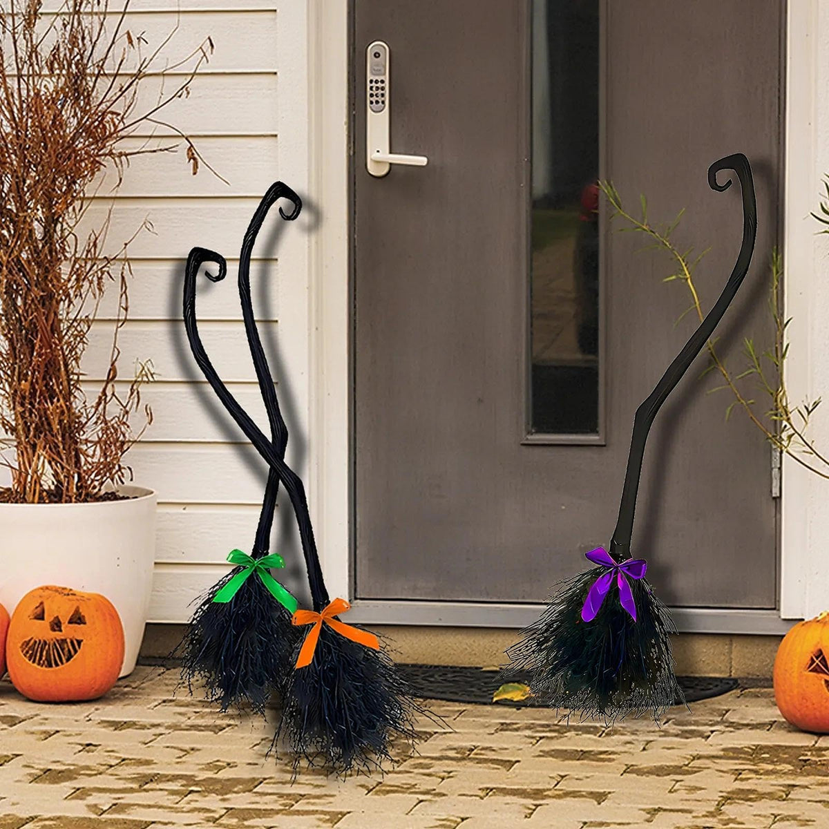 Lachouhaox Halloween Witch Broom with 3 Ribbons, Large Plastic Black Home Decoration Accessory Cosplay Photo Prop for Party