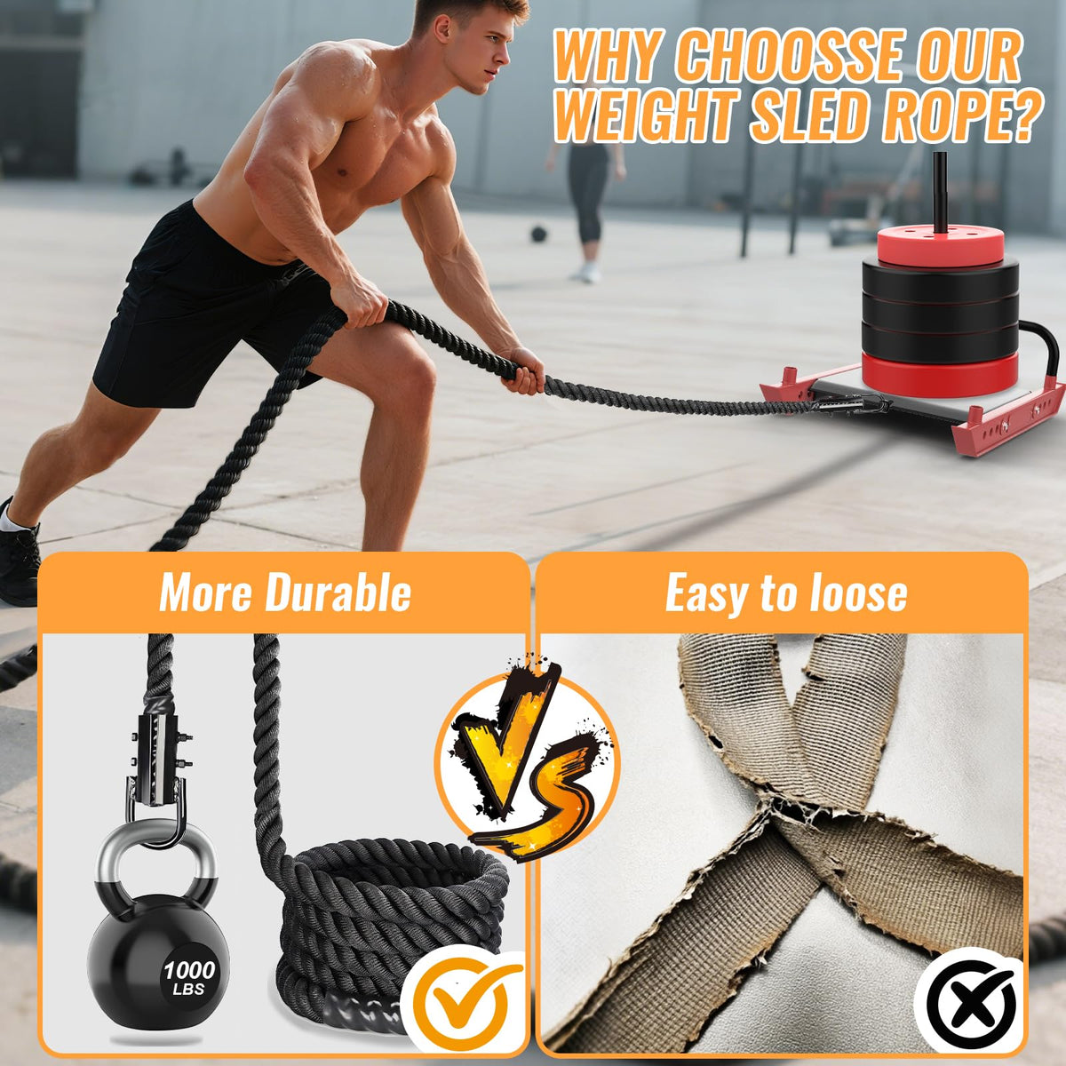Keepark Weight Workout Sled Pulling Rope - Heavy Duty Workout Rope for Weight Sled, Tire Drag, Football Training - Fitness Resistance Exercise Equipment for Men & Women - 1.5 Inch x 15FT