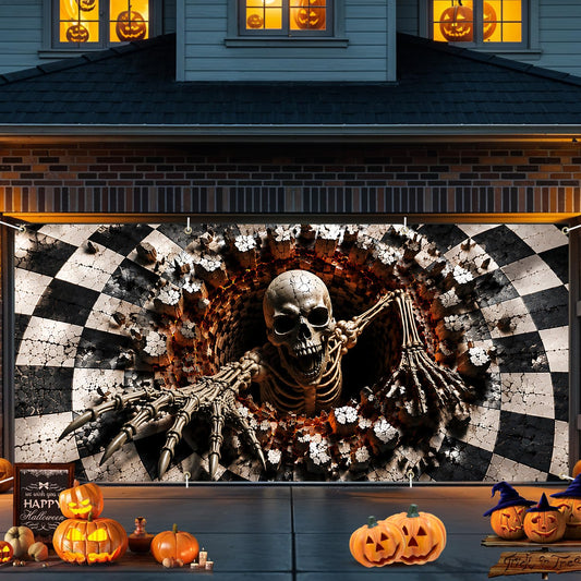 16x7 Ft Halloween Garage Door Banner Cover Decorations, Scary Skeleton Crashing Out of Checkered Vortex Backdrop, Creepy Skull Optical Illusion Outdoor Wall Mural Decor for Double Car Garage Door