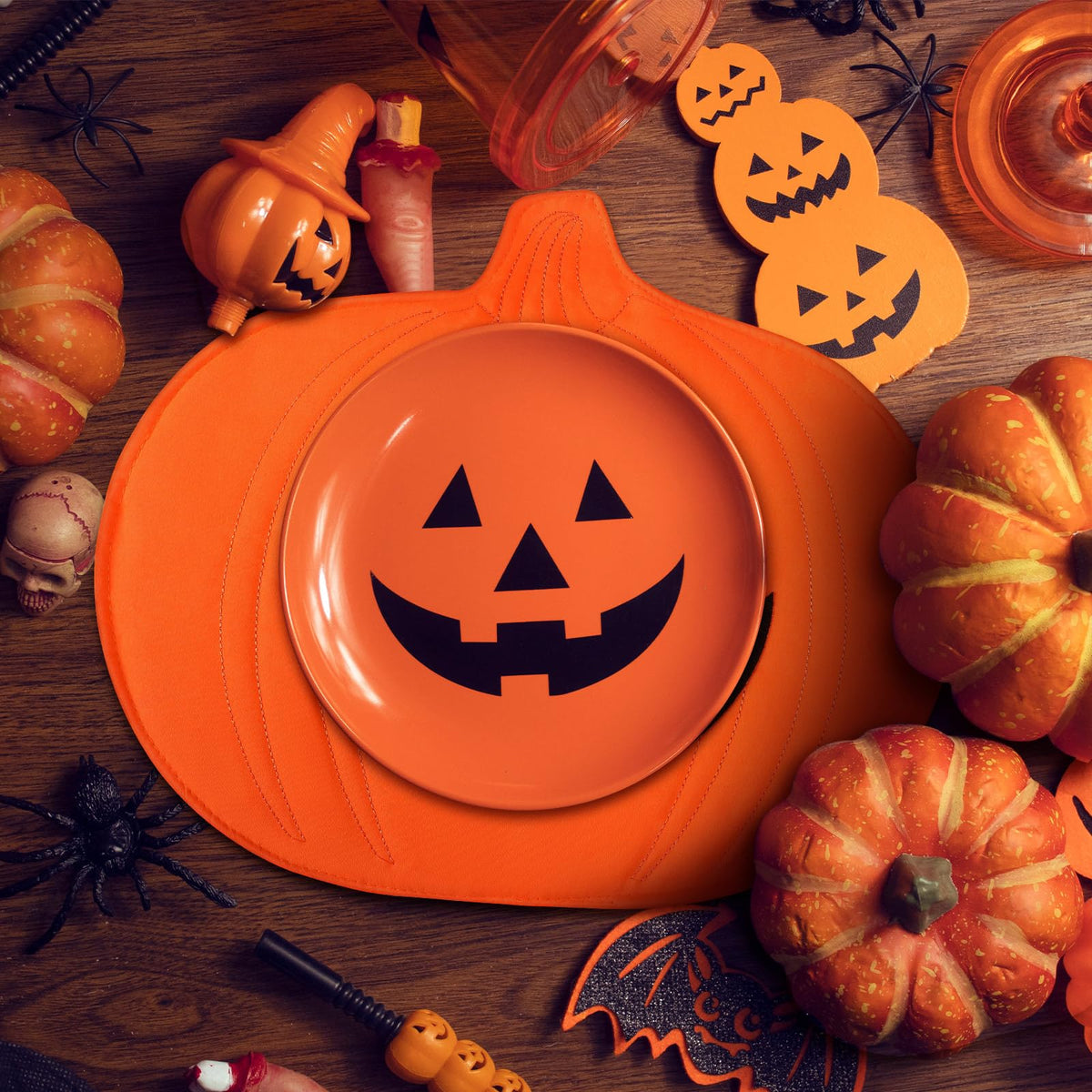 Widecook 4 Pcs Halloween Pumpkin Placemat Jack O Pumpkin Shaped Table Mats 13" x 14" Fall Autumn Harvest Table Decoration for Thanksgiving Holiday Festival Kitchen Dinner Tabletop Party Decor(Smile)