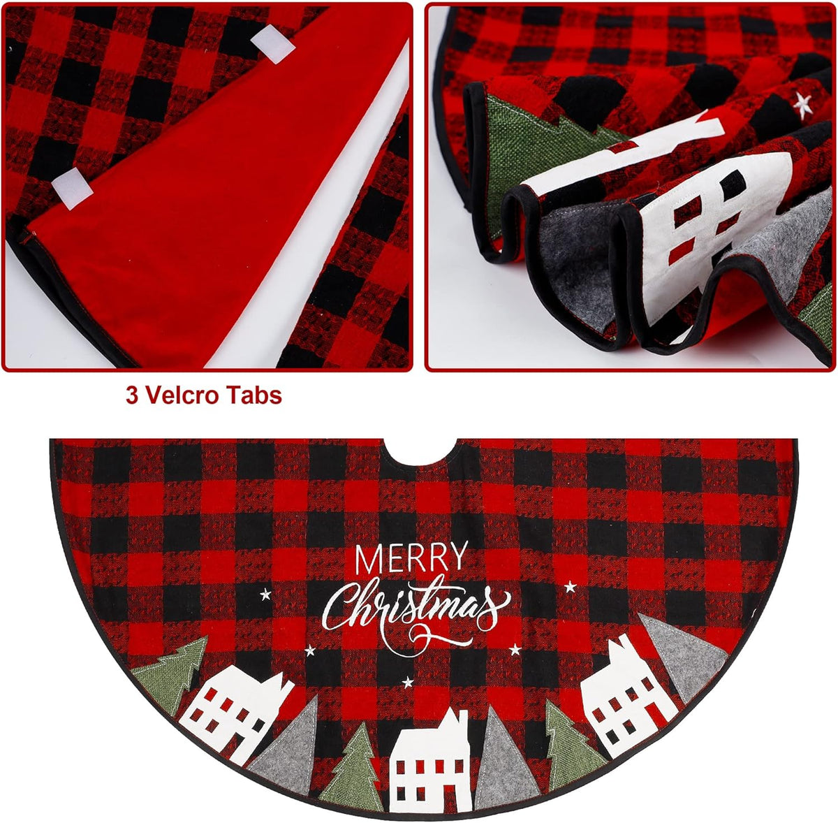Juegoal 32-Inch Christmas Tree Skirt - Soft Red and Black Plaid Holiday Decor Mat