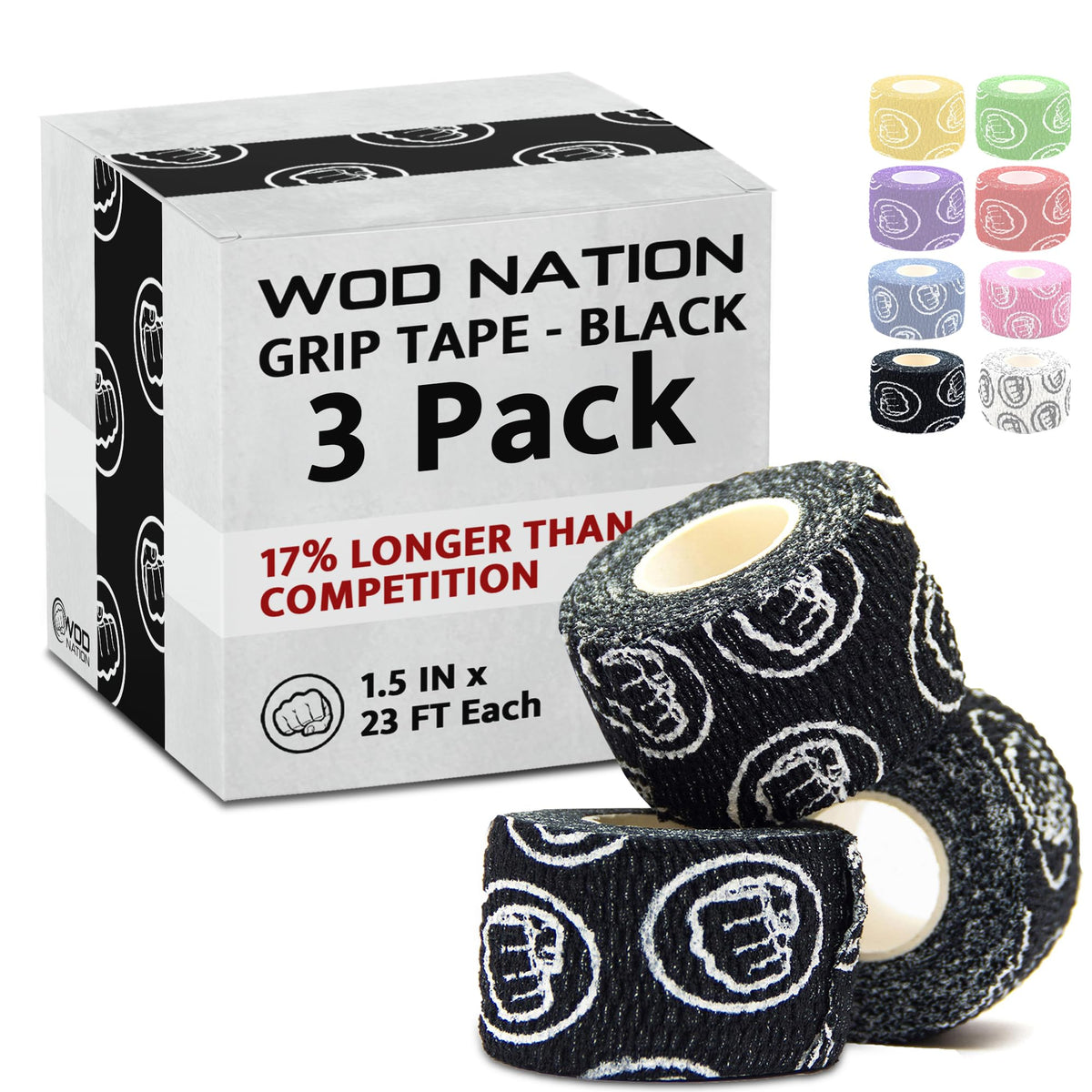 WOD Nation Hook Grip Athletic Tape - for Weightlifting Grips & Gym Sessions - Sweat-Proof Workout Tape - Versatile Weightlifting Accessories - Pack of 3, 23 ft, Black