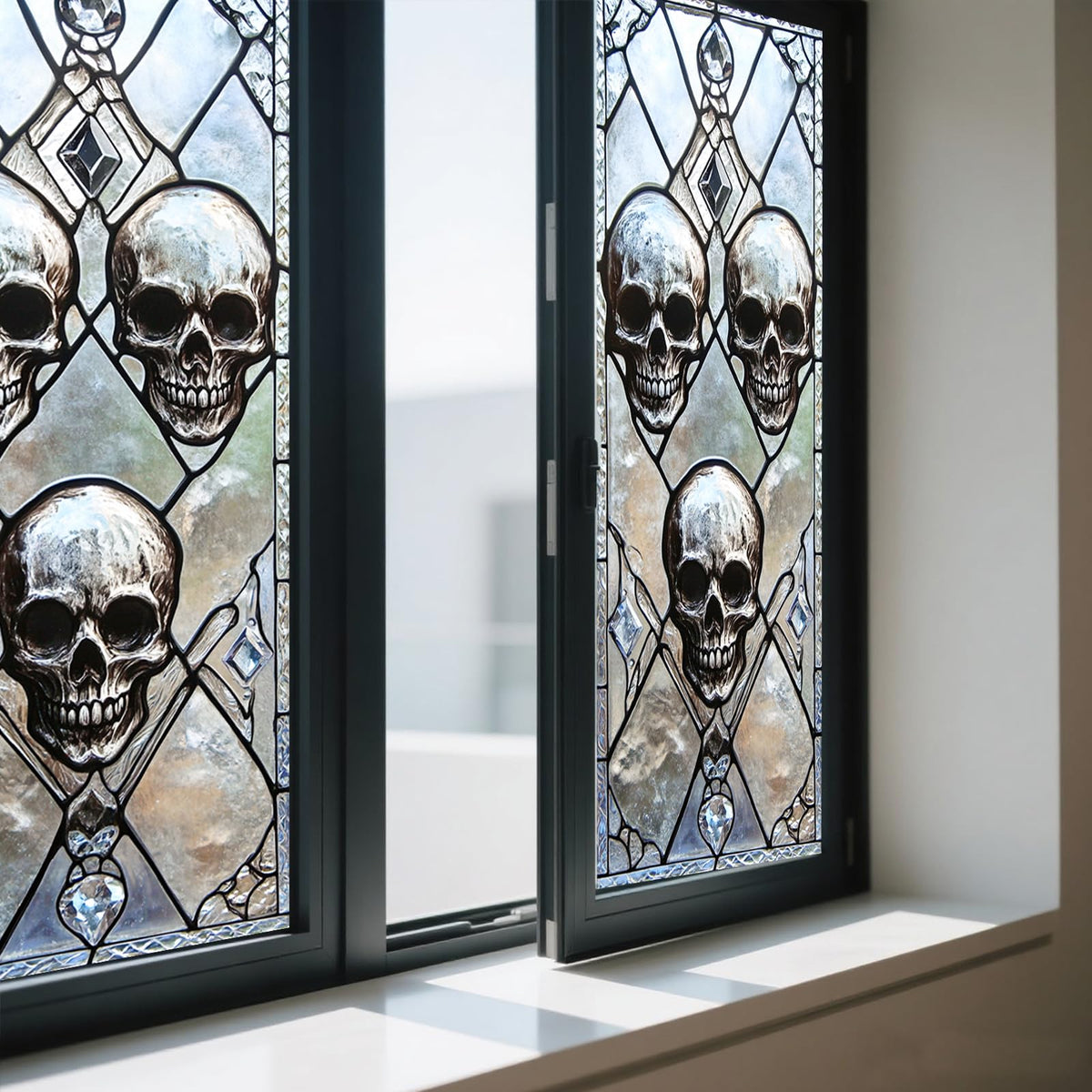 IVN Privacy Window Film Decorative Stained Glass Skull Design, Gothic Static Cling Window Film for Living Room Bedroom Door Panel 17.7 x 39.3 Inch
