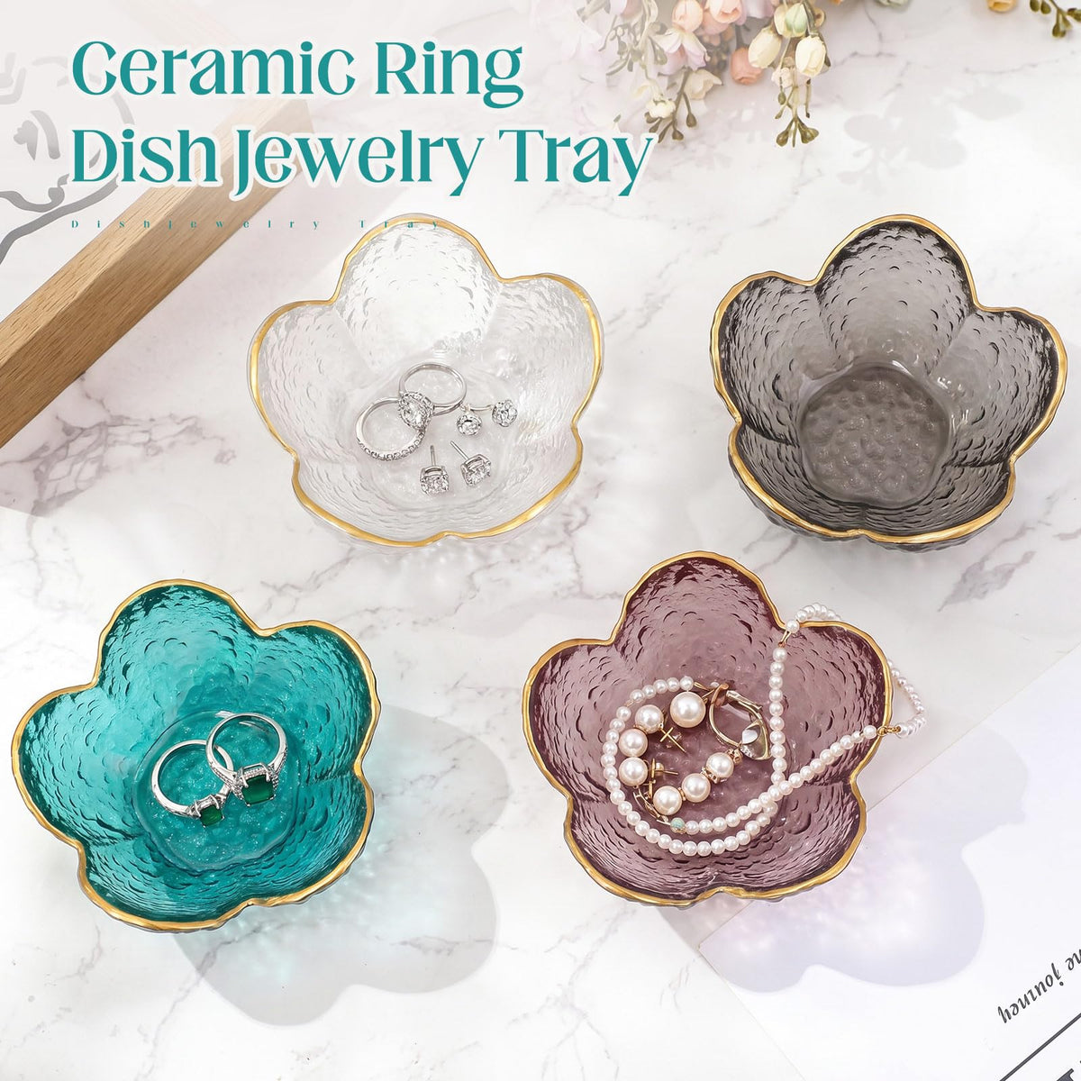 LOYIM 4 Pack Glass Jewelry Dish Small Flower Ring Holder Trinket Tray for Earrings Key Vanity Decor for Women Wedding Gift
