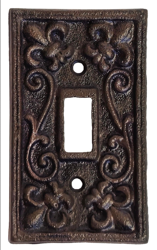 Lulu Decor, Fleur De Lis Cast Iron Switch Plate in antique rustic brown finish, perfect for any room or office space.