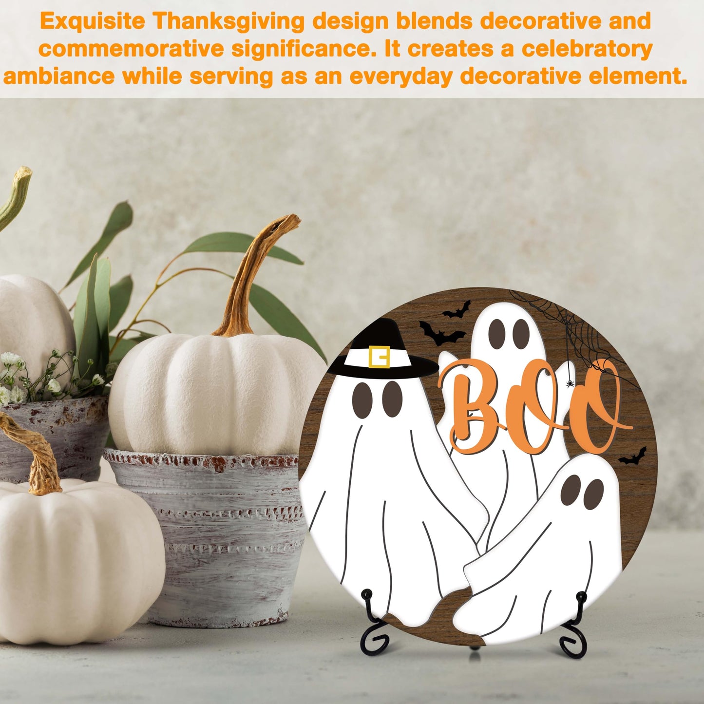 Seclate Halloween Desk Decorations for Home, Ghost Wooden Table Centerpieces 8x8 Inches with Iron Stand for Office Living Room Shelf Decor, Boo Gifts for Women Friends - E08
