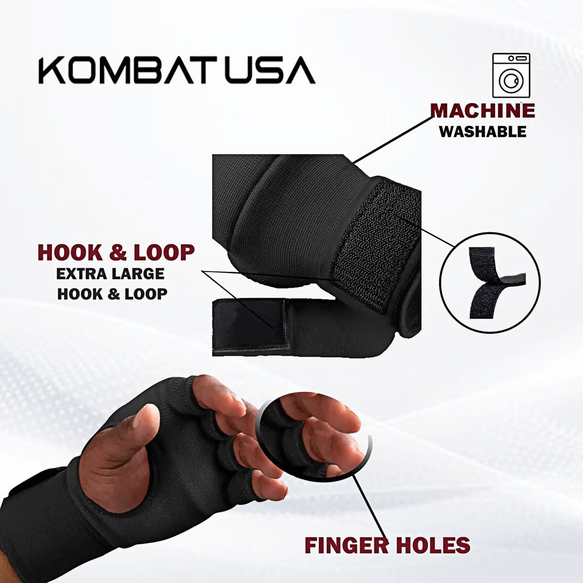 Kombat Gel Boxing Hand Wraps, Padded Inner Gloves for Men & Women, 75cm Quick Wrist Wraps, Knuckle & Wrist Protection for Muay Thai, MMA, Kickboxing, Martial Arts, Punching Training(Black, Large)