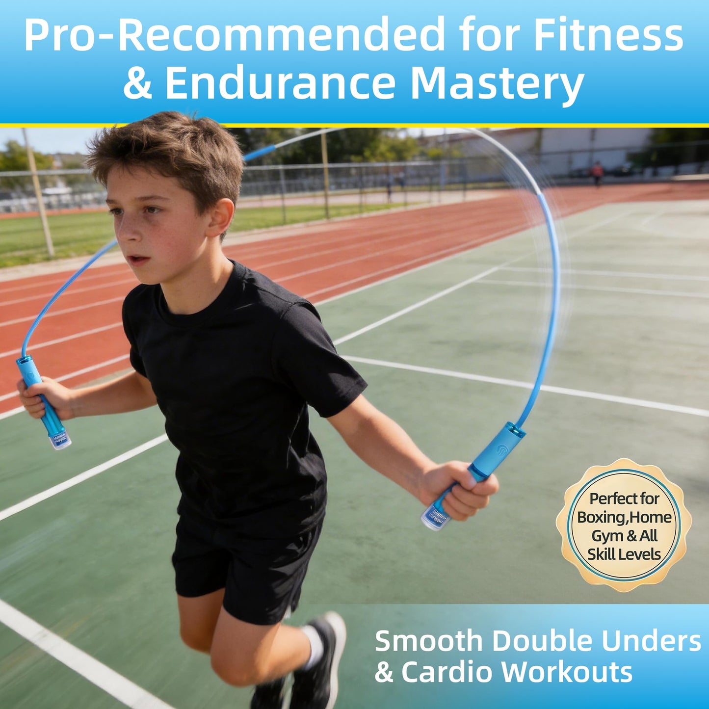 YUEDONG Kids' Double Bearing Jump Rope - Adjustable 2.8m Durable PVC Skipping Rope with Anti-Slip Grip & Fingerprint Grooves for Boys & Girls, Smooth Fast Spin for Home Exercise & School PE (1, BLUE, 280MM)