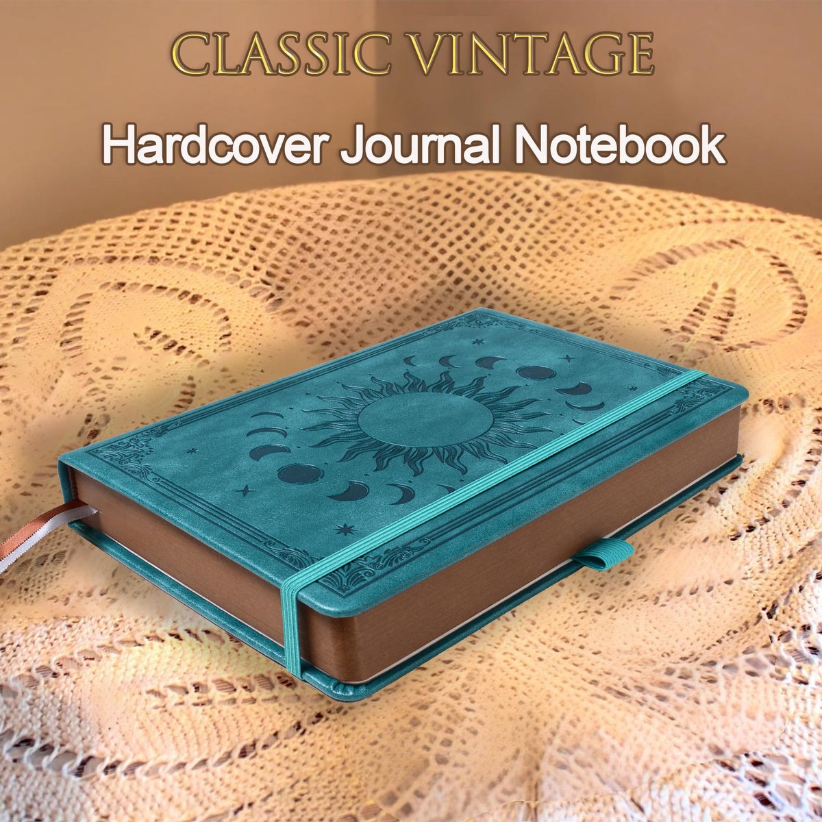HwxBen Journal Notebook for Women/Men, Daily for Classic Lined Writing,360 Pages Leather Hardcover with Vintage Sun & Moon Design, SeaGreen, A5 (14.5 x 21 cm)
