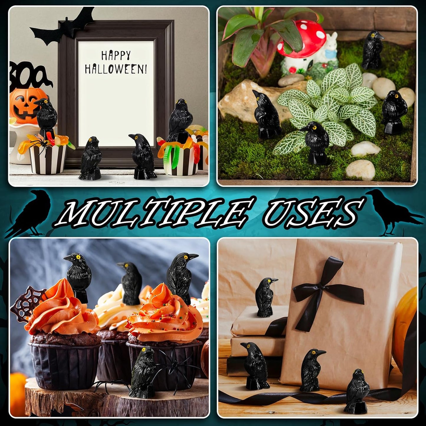 Regine Switzerland Miniature Crows Decor - 150 Pcs Black Resin Raven Figurines for Spooky Holiday Scenes