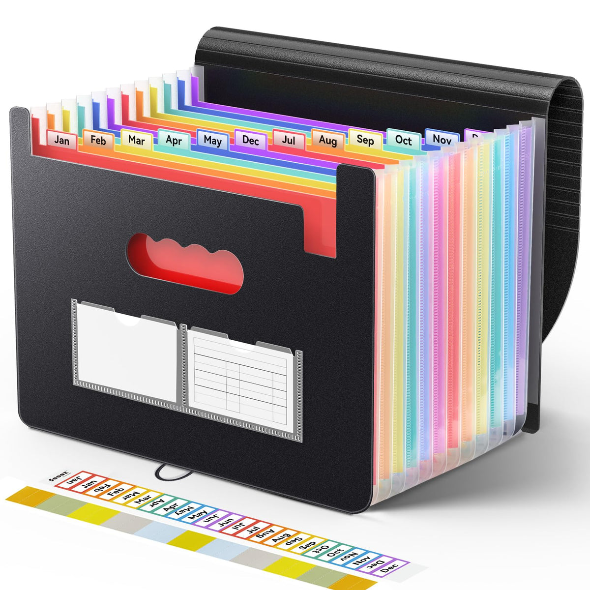 Sooez Accordion File Organizer, 13 Pockets Expanding File Folder, Portable Monthly Paper Bill Tax Receipt Organizer, Letter A4 Size Document Holder with Blank Labels, Black