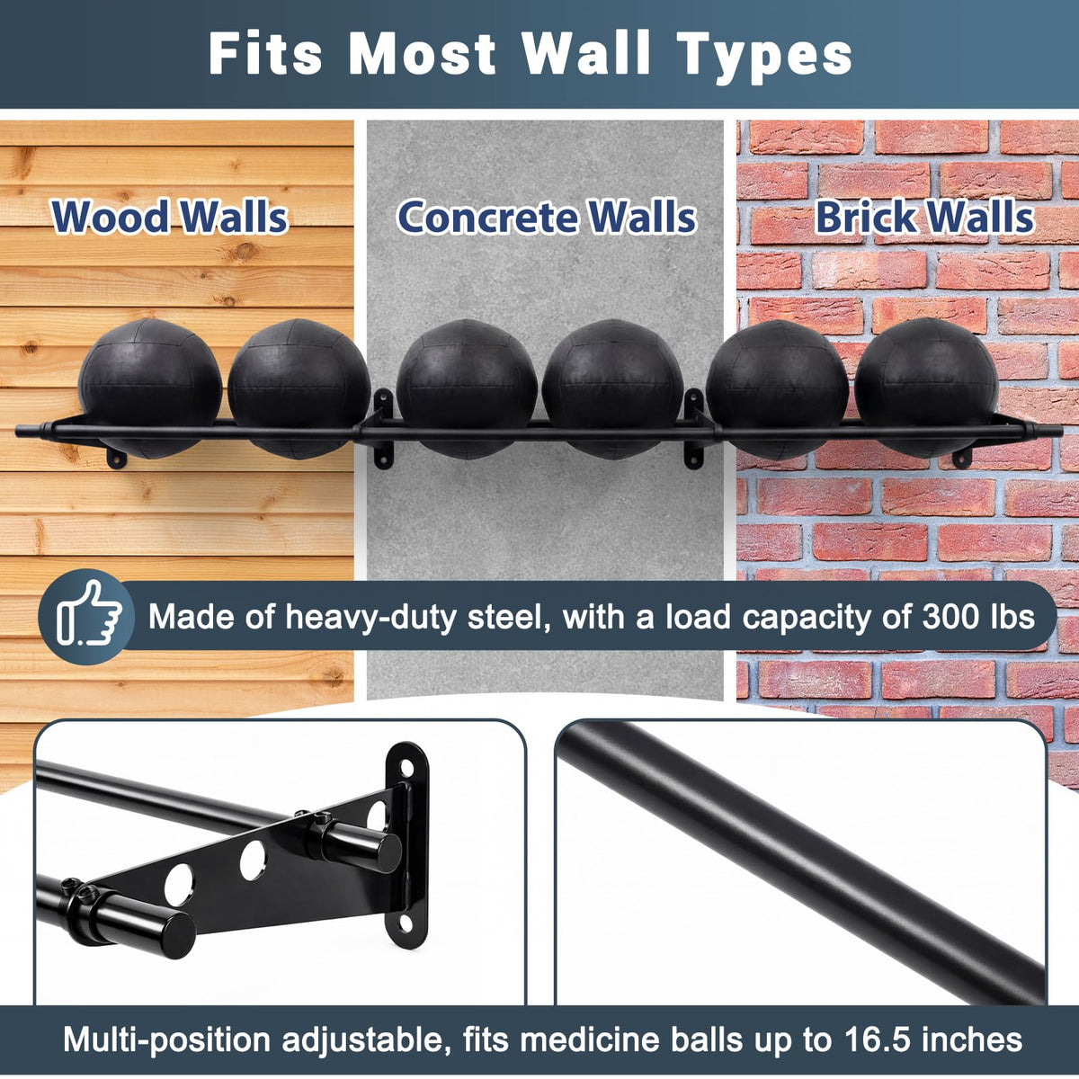 Sintuff 103 Inch Wall-mounted Adjustable Medicine Ball Storage Rack, Holds up to 6 Balls Storage Rack Basketballs, Space-saving Gym Equipment Durable Metal Organizer for Home Commercial Workout Space