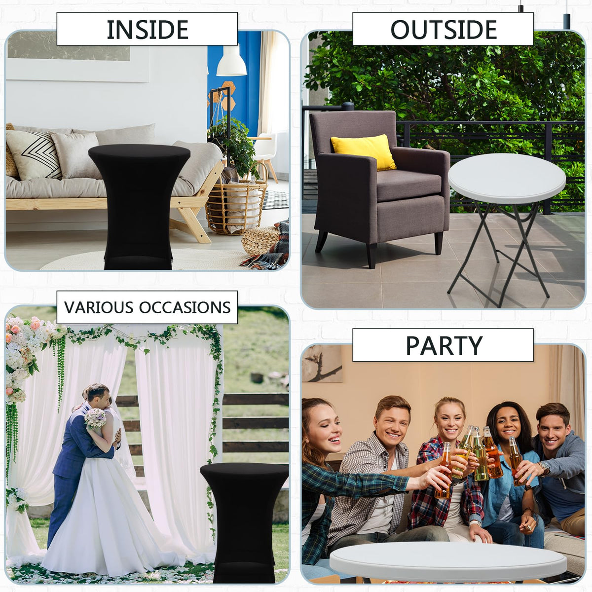 Wenqik 2 Sets 32" High Top Round Folding Cocktail Tables White Bar Height with Removable Legs & 32"x43" Spandex Stretch Table Covers (Black)