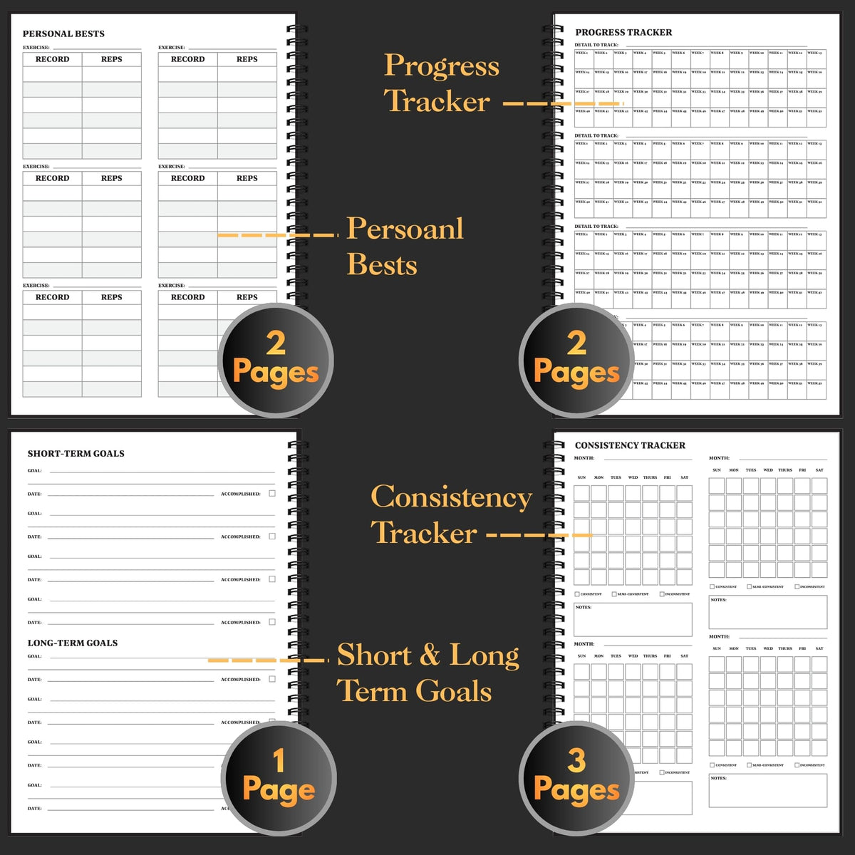 Workout Journal for Men – Fitness Journal & Workout Logbook, Gym Fitness Planner Journal with 52 Weeks of Tracking - Exercise Book for Weight Loss & Training – 8.2 x 6 inches – Spiral Hard-Cover - Black
