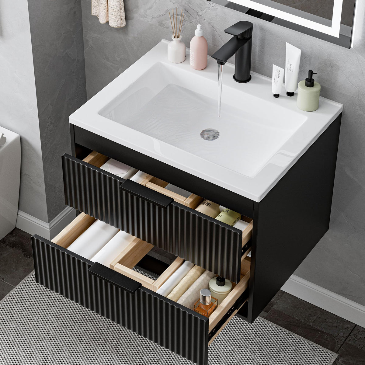 24 Inches Modern MDF Bathroom Vanity with Sink, Wall Mounted Floating Cabinets w/Double Drawers, Black Handles, White Resin Sink Combo Set (Black, 24")