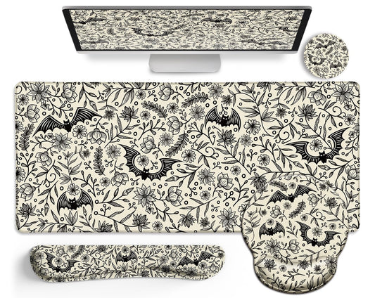 LIMKRIAN Goth Bat Mouse Pad Set Large Desk Mat for Desktop, Ergonomic Mouse Pad with Wrist Rest for Gaming, Keyboard Mat Wrist Support Cup Coaster Set, Gothic Office Desk Accessories Decor Supplies