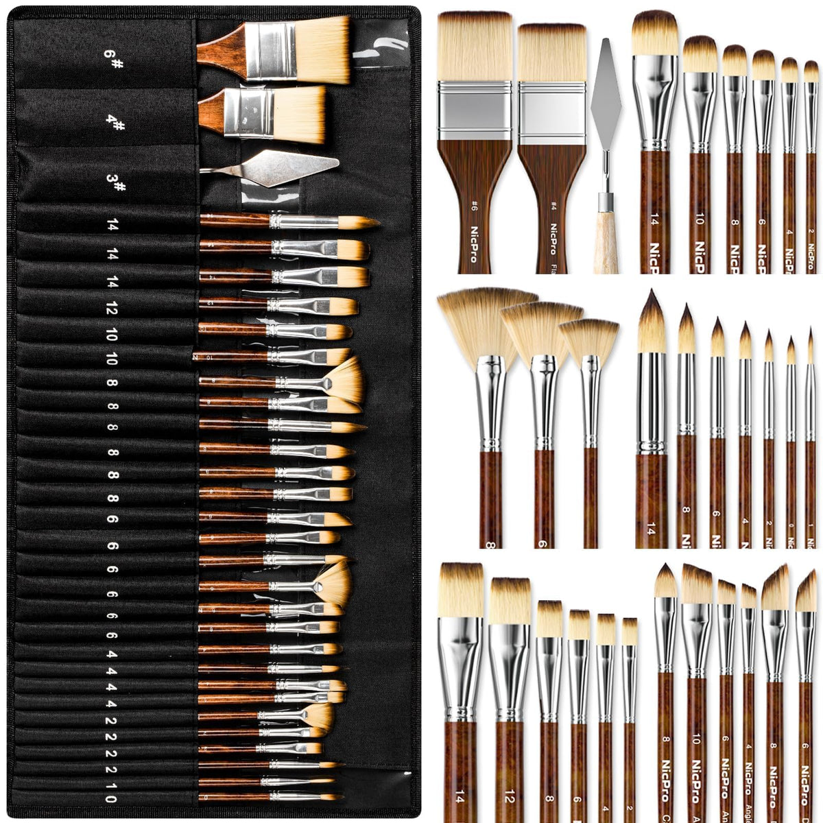 Nicpro 30pcs Paint Brush Set, Professional Paintbrushes with Paint Spatula and Cloth Roll, Craft Paint Brushes for Acrylic Painting, Oil, Watercolor, Gouache, Art Supplies for Artists and Beginners