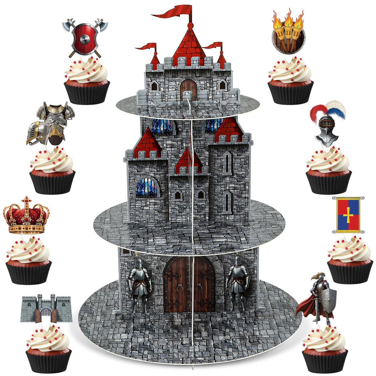 3 Tier Medieval Castle Cupcake Stand Decor with 24 Cake Toppers Knight Birthday Party Decorations Medieval Theme Dessert Cardboard Stand Tower Castle Cupcake Holder for Boys Baby Shower Supplies