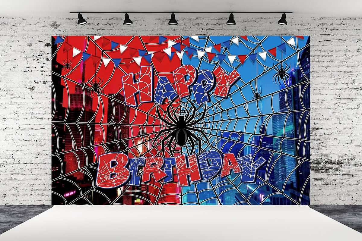 Spider Web Backdrop for Photography Superhero Photo Backdrop Red Blue City Spider Photo Background Children Boys Baby Shower Birthday Party Decorations Supplies Photo Studio Prop Banner XH015 (7x5ft)