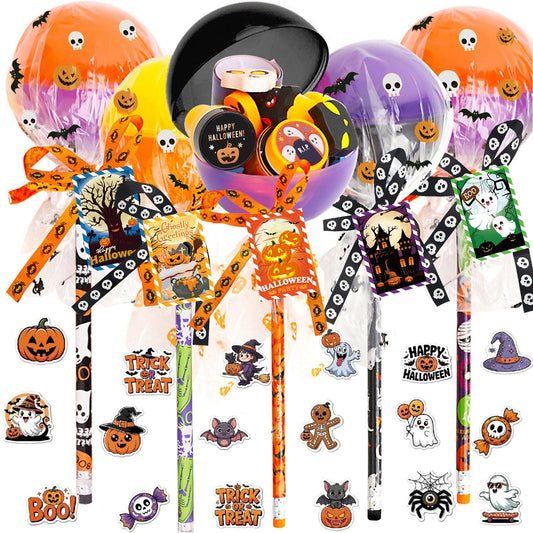 134Pcs Halloween Party Favors Gift Trick or Treat Container, Giant Lollipop with Gift Cards Pencils Stickers Erasers Stampers Bags Ribbons for Classroom School Exchange Party Favors