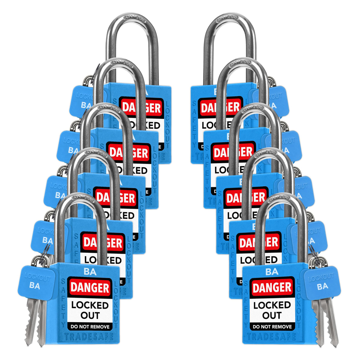 TRADESAFE Lockout Tagout Lock Sets, 10 Blue Keyed Alike Unlimited Grouping Safety Padlocks, 2 Keys Per Lock, OSHA Compliant Loto Locks, for Lock Out Tag Out Kits