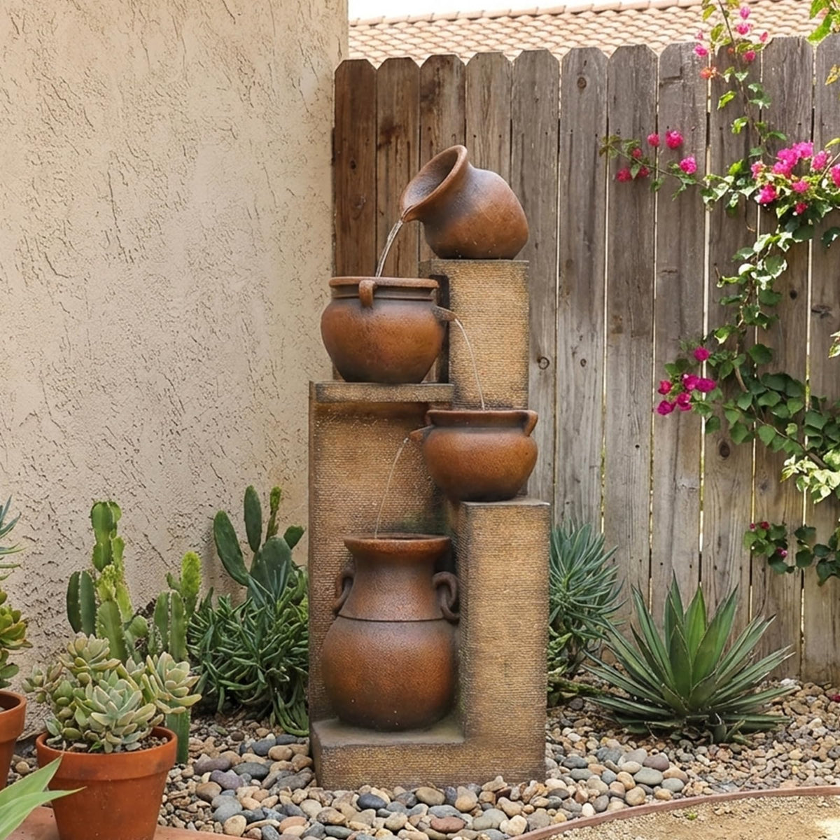Bumilgar 53" H Large Outdoor Water Fountain with Lights - 4 Tiered Cascading Bowls Waterfall Fountain for Garden, Patio, Backyard, Porch Inside - Freestanding Outdoor Water Feature Gold