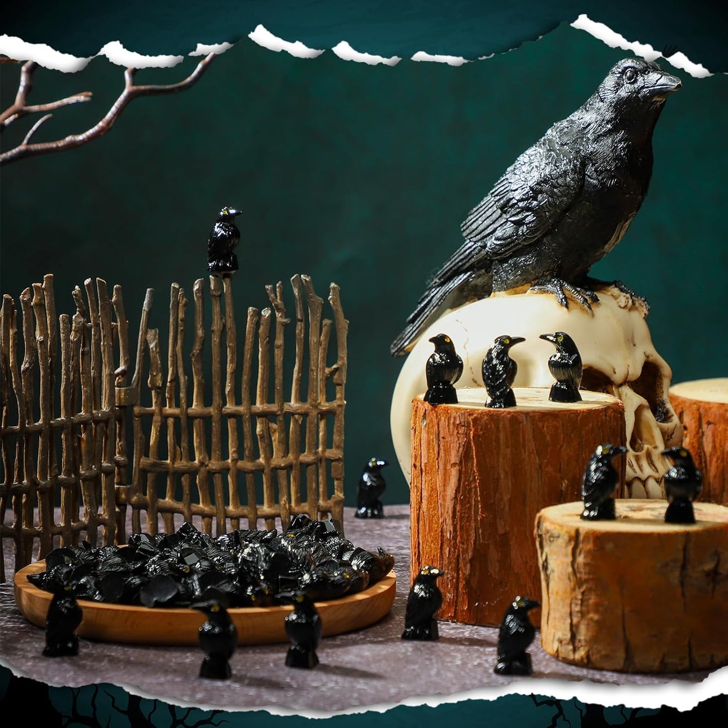 Regine Switzerland Miniature Crows Decor - 150 Pcs Black Resin Raven Figurines for Spooky Holiday Scenes
