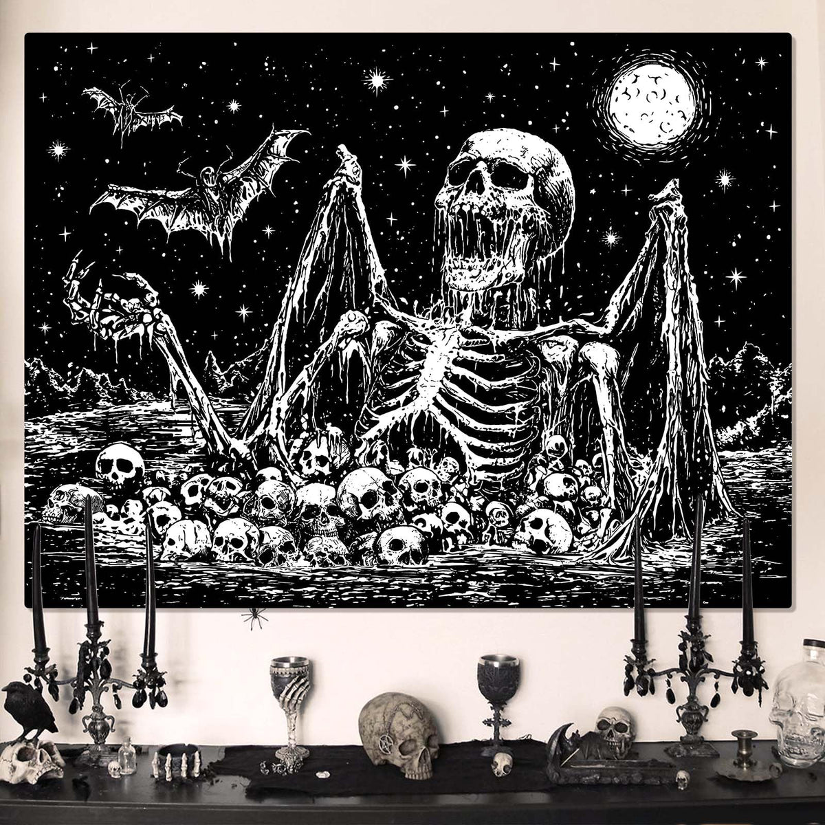 Gruaoihy Gothic Skeleton Tapestry, Horror Moon Skull Dark Death Bat Wall Art for Bedroom Grunge Room Decor, Black and White 44x60 inches