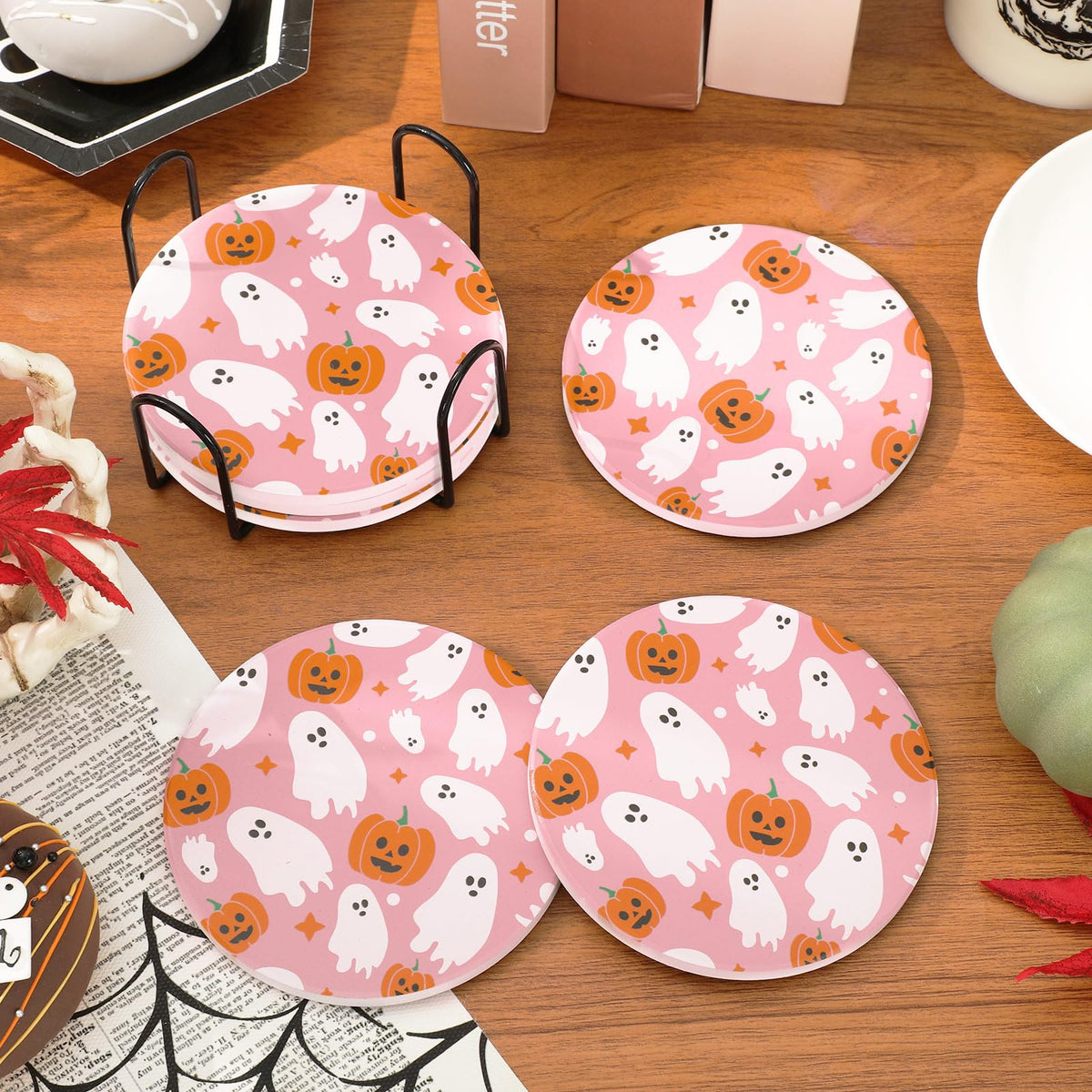 JarThenaAMCS 6 Pcs Halloween Coaster with Holder Pumpkin Ghost Anti Slip Cup Mat Pink White Orange Absorbent Ceramic Drink Coasters for Home Decor Table Protection