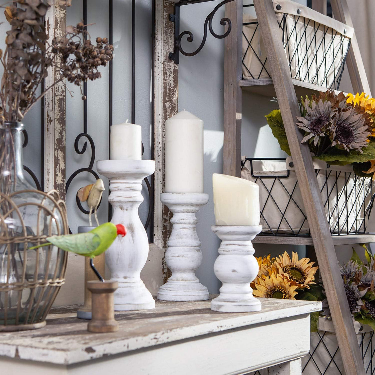 NIKKY HOME Rustic Pillar Candle Holder Set - Farmhouse Wood Stand for Mantle & Dining Table, Distressed White