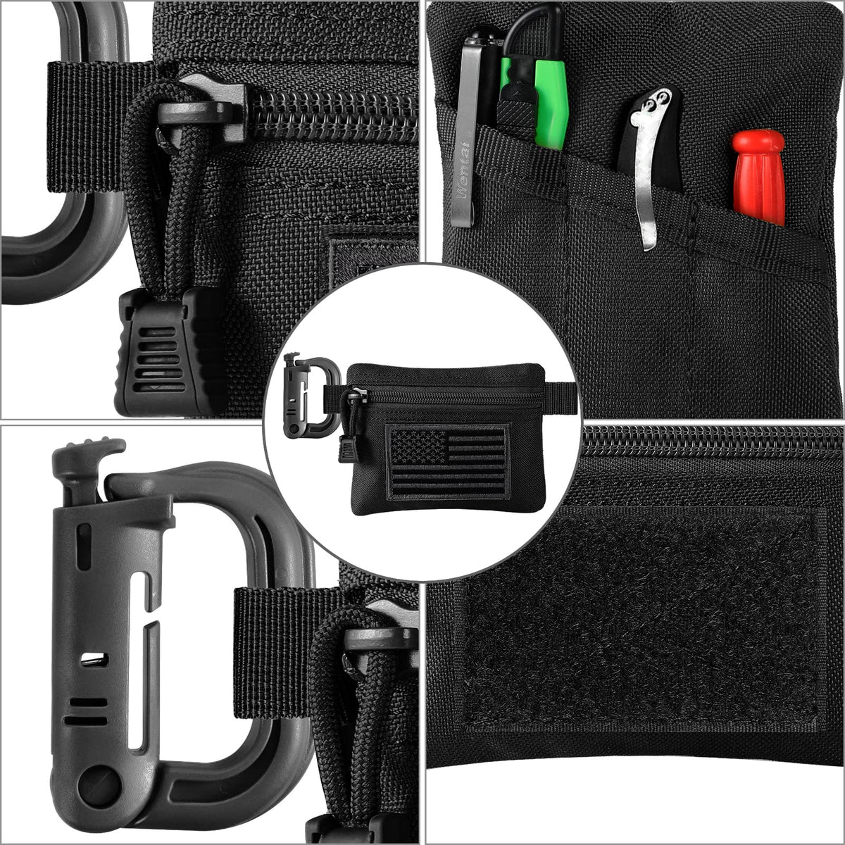 FRTKK 2 Pack Tactical Compact EDC Pouches, Military Molle Utility Pouch Organizer Pouch, Coin Purse Keychain Pocket Credit Card Holder Waist Pack (Black 3)