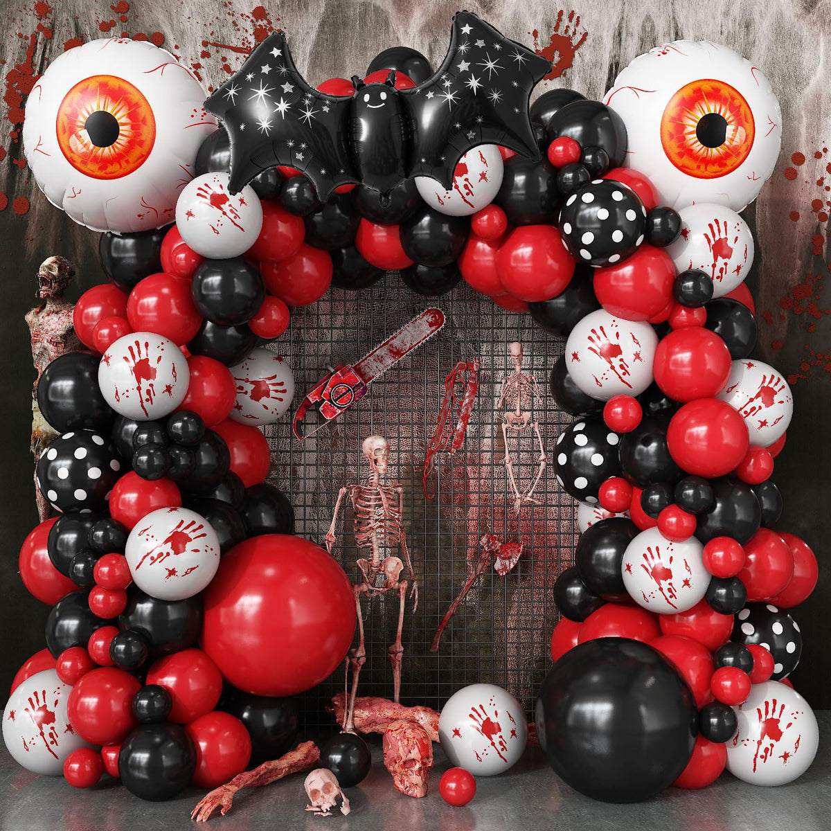 Halloween Balloons Garland Arch Kit, 94pcs Red Black White Polka Dot Balloons, Bloody Hand Print Balloon Eyeball Bat Mylar Balloon for Scream Creepy Gothic Halloween Horror Birthday Party Decorations