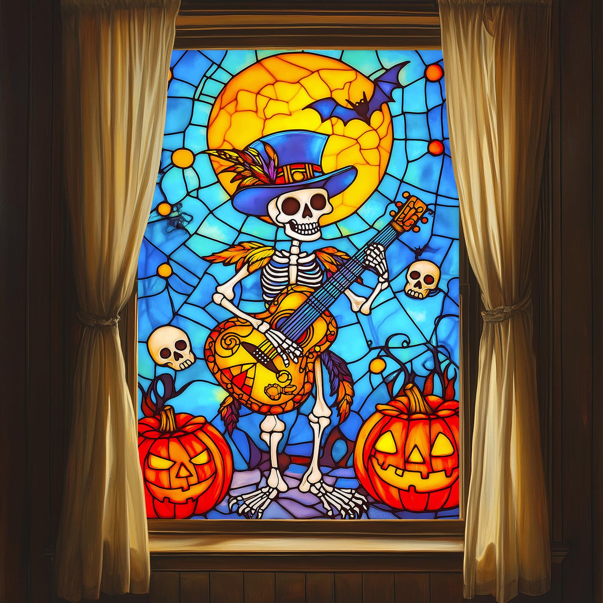 HOMETITUTE Halloween Skeleton Musician Window Film 31x47 Inch Decorative Window Film Pumpkin Guitar Skull Scene Stained Glass Cling for Mirror Door Privacy Decor for Home Party School Office
