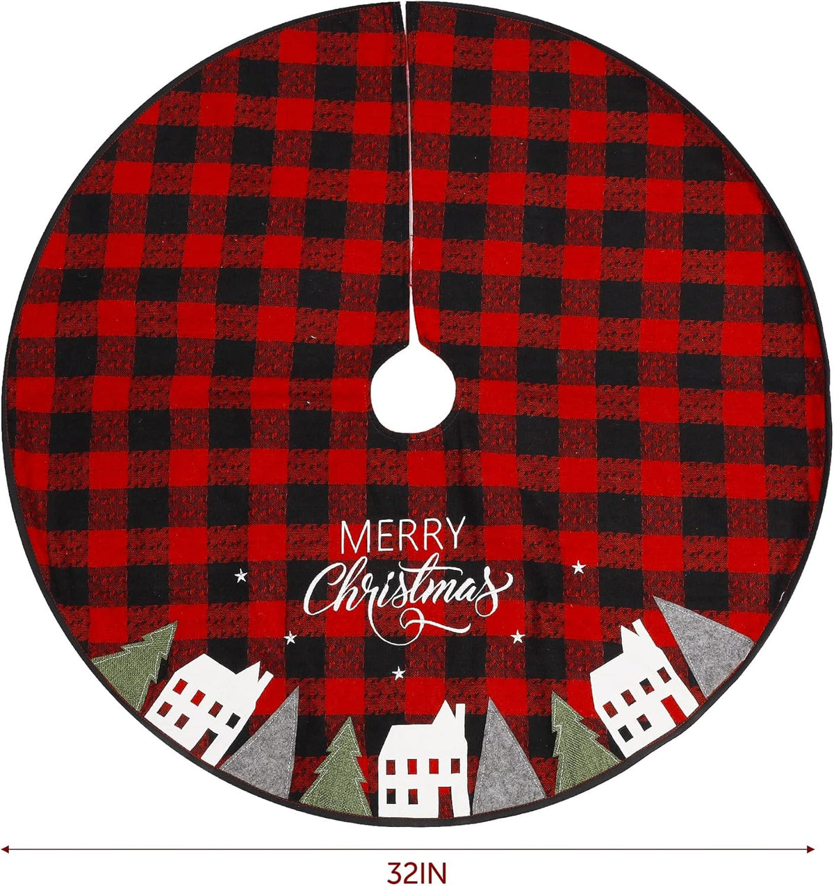Juegoal 32-Inch Christmas Tree Skirt - Soft Red and Black Plaid Holiday Decor Mat