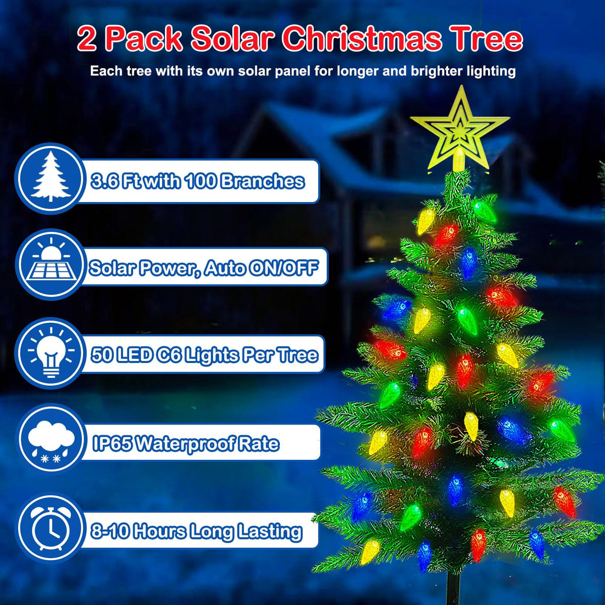 2-Pack 3.6FT Solar Christmas Tree Outdoor Christmas Decorations, 8 Modes Solar Xmas Tree Lights with 100 LED, Waterproof Solar Christmas Lights for Yard Front Porch Pathway Grave Cemetery Decor