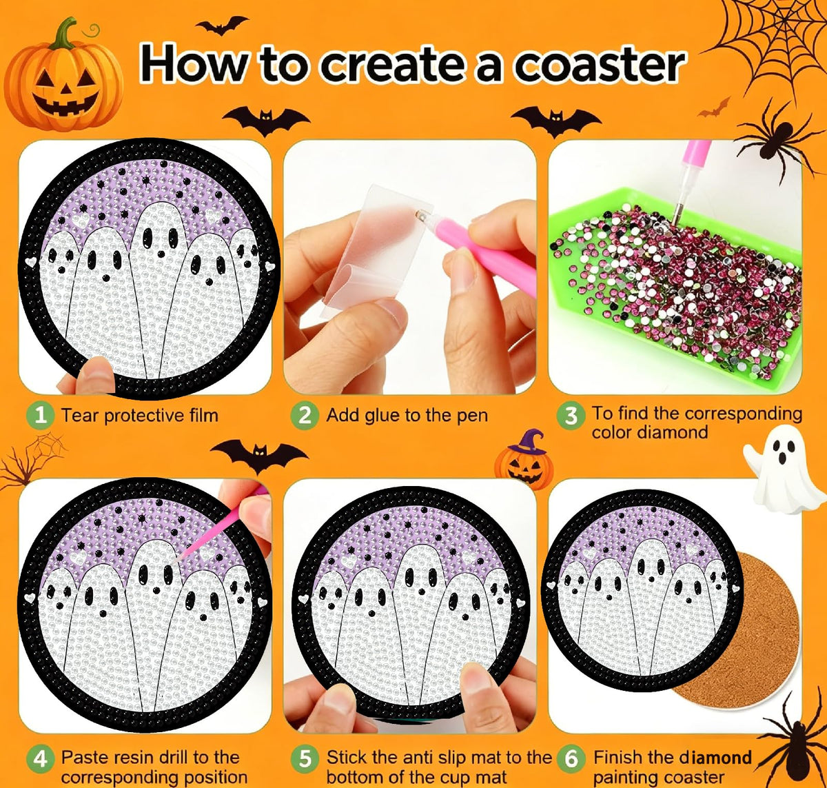 KYOQFVN 8 PCS Halloween Diamond Art Coasters, Ghost Diamond Painting Coasters with Holder Cork Pad, Diamond Dots Art Painting Coasters Crafts Kit for Home Wall Decor (Ghost Theme)