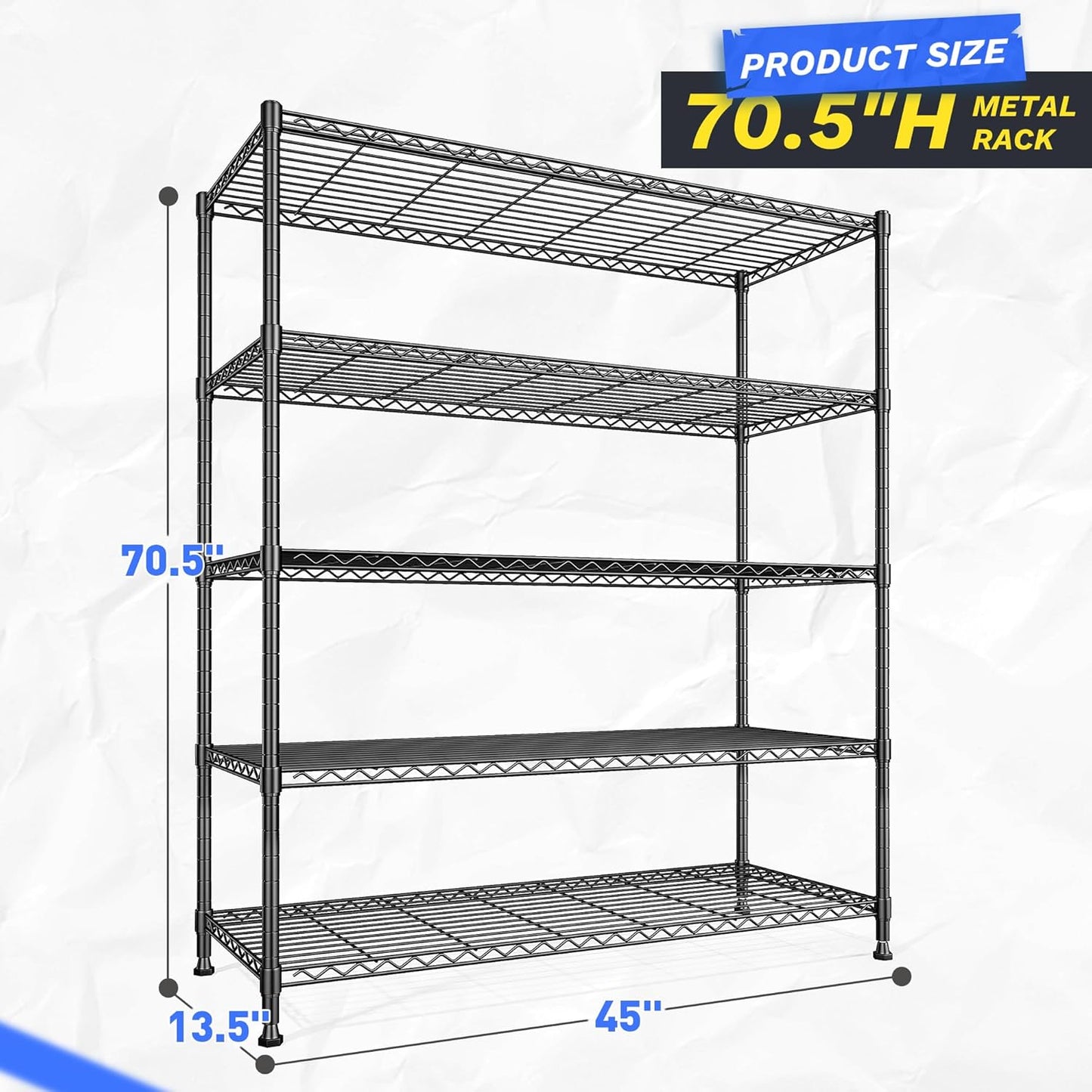 Skiennix 5-Tier Wire Shelving Unit - Adjustable Metal Storage Shelves for Kitchen, Garage & Pantry | 45"W x 13.5"D x 70.5"H - Black