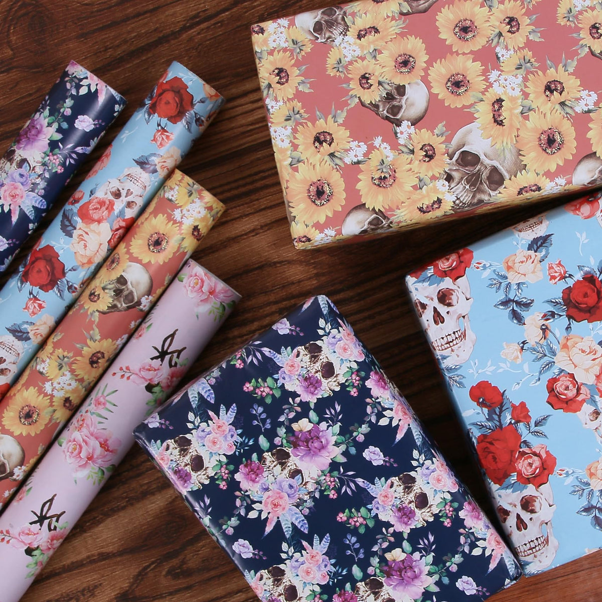 Aimyoo Gothic Skull Floral Wrapping Paper Bundle Roll, Skeleton Flowers Halloween Wrap Paper 17 in x 16 ft per Roll